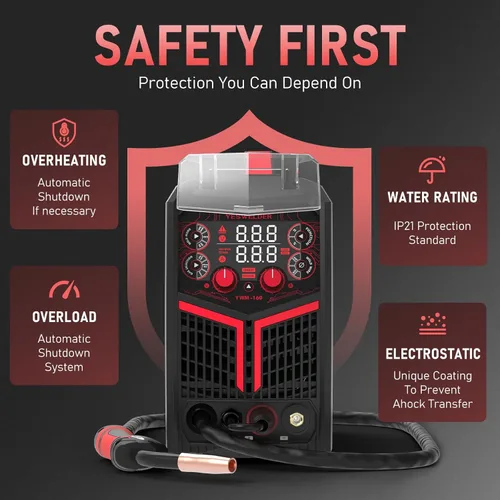 Miniatura 7 de YESWELDER Soldador MIG 160A, 110V/220V Voltaje Dual, 4 en 1 Gas MIG/Flux Core MIG/Elevación TIG/Stick Multiproceso Pantalla Digital LED Grande