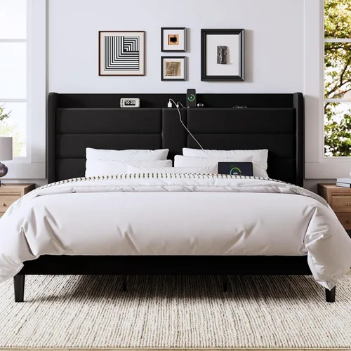 Miniatura 3 de Allewie Base de cama de plataforma tamaño King con estación de carga y cabecera de almacenamiento, diseño tapizado de terciopelo con respaldo y Negro