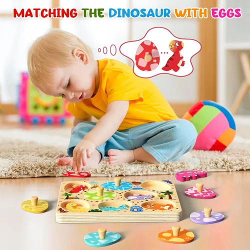 Miniatura 2 de Zeoddler Rompecabezas de madera para niños pequeños, 8 piezas de rompecabezas de huevo de dinosaurio a juego, juguetes Montessori para niños