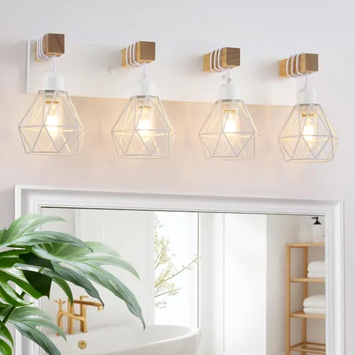 Miniatura 9 de Lámparas blancas para tocador de baño, luminarias de baño de madera de 2 luces sobre el espejo, apliques rústicos de pared con elegante pantalla
