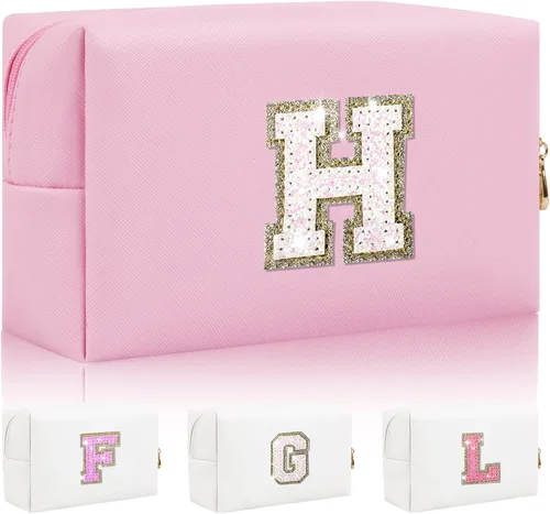 Miniatura 16 de Bolsa de maquillaje con parche de letra inicial personalizada, bolsa de cosméticos de chenilla preppy con letra de chenilla con cremallera, Y