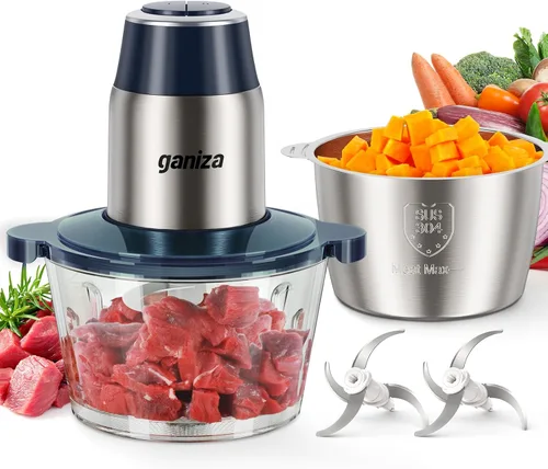 GANIZA Procesadores de alimentos, picadora eléctrica con picadora de carne y picadora de verduras, 2 cuencos con potente motor de cobre, incluye 2