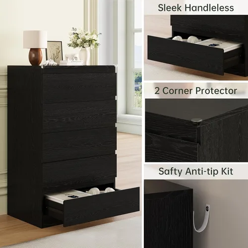 Miniatura 5 de OtterOasis Cómoda de madera negra para dormitorio, 5 cajones para almacenamiento de ropa, cómoda moderna con cajones anchos, cajones anchos