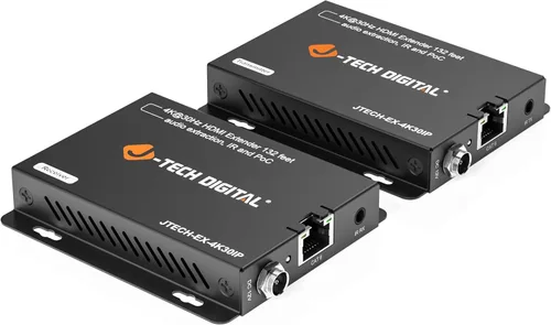 J-Tech Digital Extensor HDMI 4K a través de Ethernet Cat6/Cat7, 4K@30Hz hasta 132 pies, 1080P hasta 230 pies, soporta puerto de extracción de audio