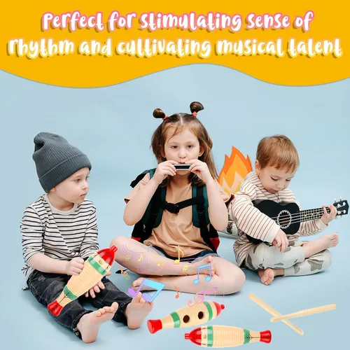 Miniatura 4 de 8 juegos de madera Guiro Instrumento Pez en forma con raspador Colorido Latino Percusión Musical con Palos de Ritmo Música Aprendizaje Temprano