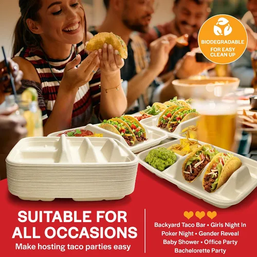 Miniatura 6 de Platos desechables para tacos para 2 tacos y 2 guarniciones – PACK de 50 Platos de papel premium con divisores, soporte para tacos de fiesta