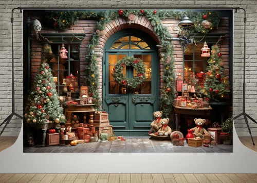 Kate 7x5ft Patio Familiar Árbol de Navidad Decoración Fotografía Fondos de Casa de Ladrillo Puerta Frontal Caja Cuentas Oso Foto Fondo
