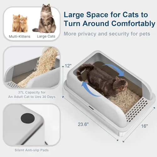 Miniatura 4 de Suzzipaws Caja de arena cerrada de acero inoxidable para gatos con tapa, caja de arena extra grande para gatos grandes, bandeja de arena de metal XL