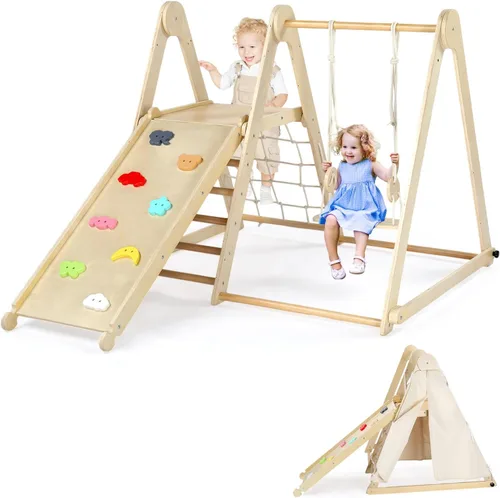 Miniatura 11 de JOYMOR Arco de escalador triangular Pikler 5 en 1 con cojín, mesa sensorial para niños, juguetes de escalada en madera montessori para niños