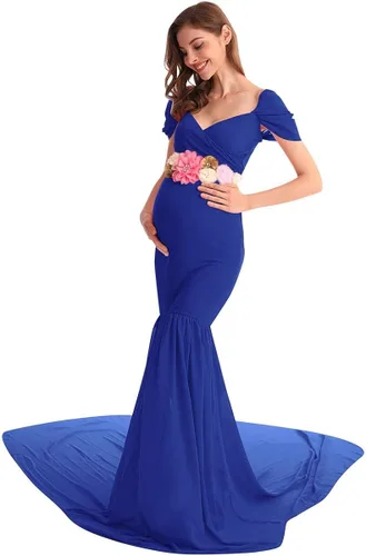Miniatura 5 de AYMENII Vestido de maternidad de gasa con hombros descubiertos y tren largo, vestido de fotografía para boda, fiesta, fotos, vestido de baby shower