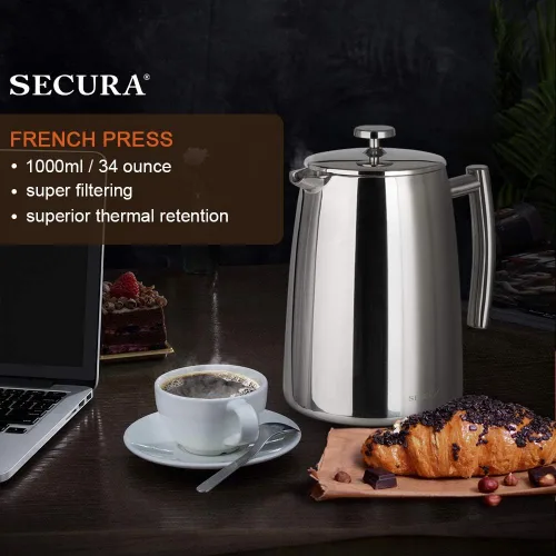 Miniatura 2 de Secura Cafetera de prensa francesa, 34 onzas, prensa de café aislada de acero inoxidable 304 con pantalla adicional Secura Cafetera de prensa