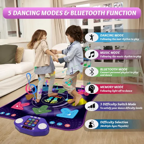 Miniatura 2 de Juguetes de alfombrilla de baile para niñas y niños de 3 a 12 años, alfombrillas de baile con 8 botones iluminados y Bluetooth inalámbrico, juguete