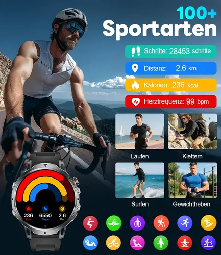 Miniatura 9 de LIGE Relojes inteligentes militares para hombre (3 bandas), reloj inteligente de pantalla grande HD de 1000 mAh/1.85 pulgadas, linterna/más de 110