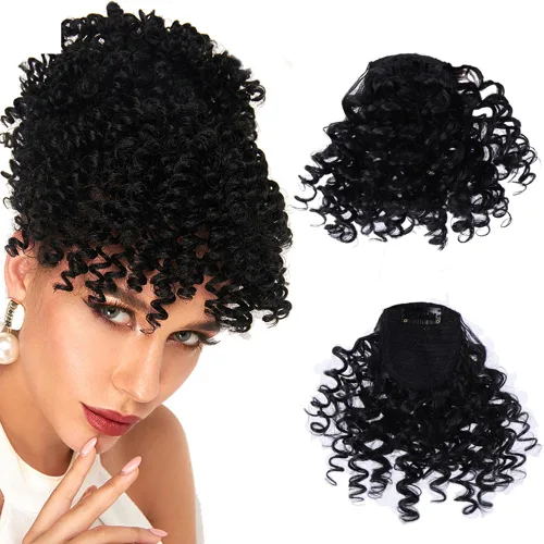 Miniatura 5 de Extensión de cola de caballo con cordón corto negro Afro Puff Kinky Curly Bangs Clip corto para mujeres peluca pieza