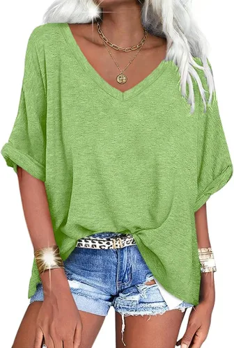Miniatura 27 de UNCLECAT Camisetas de gran tamaño con cuello en V para mujer, camisas de manga corta de verano, holgadas, casuales