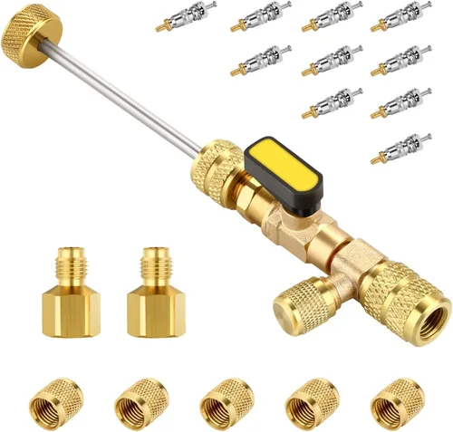 Herramienta de extracción de núcleo de válvula HVAC WADEO, removedor de núcleo de válvula con 10 núcleos de válvula, 5 tuercas de latón y 2