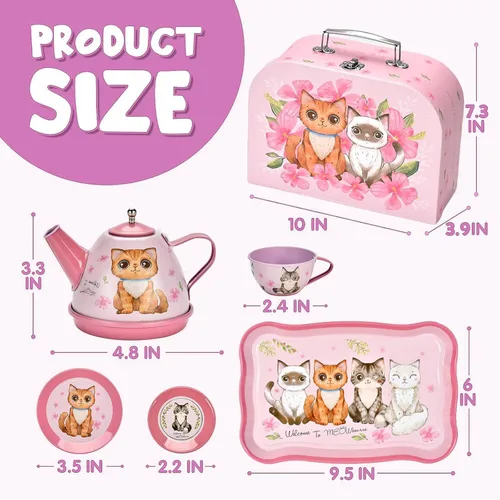 Miniatura 8 de Lajeje Juego de fiesta de té de gato para niños pequeños y niñas de 3 a 6 años, juguete de simulación y regalo de cumpleaños, incluye juego de té