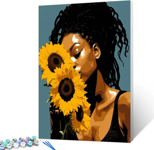 Miniatura 2 de Pintura por números, girasoles afroamericanos, kit de pintura acrílica por números, para niños, adultos, principiantes, niñas negras, pintura