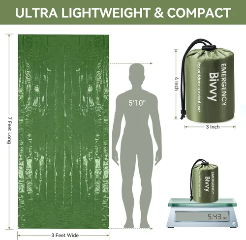 Miniatura 3 de Esky Emergency Sleeping Bag, Survival Bag Portable Thermal Bivy Sack, Waterproof Lightweight Emergency Blanket Survival Gear with Compass for Verde