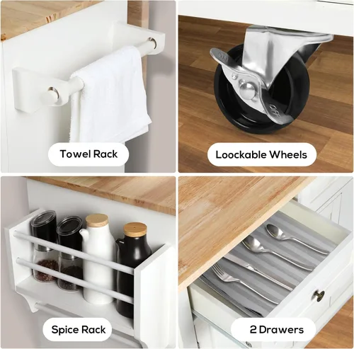 Miniatura 5 de VOWNER Isla de cocina de 43 pulgadas de ancho con hoja caída, isla de cocina rodante con cajones, isla portátil con almacenamiento, carrito de Blanco