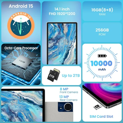 Miniatura 8 de Tablet de pantalla grande de 14 pulgadas, tableta Android 15, 16 GB de RAM, 256 GB de ROM, pantalla IPS FHD de 1920 x 1200, Widevine L1, carga