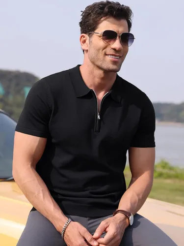 Miniatura 3 de RQP Camisas polo con cremallera para hombre, camisas casuales de punto de manga corta/larga, camisas de golf elásticas ajustadas, suéter suave