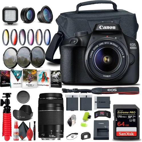 Canon Cámara DSLR EOS Rebel T100 / 4000D con lente de 0.709-2.165 in + lente Canon EF de 2.953-11.811 in + tarjeta de memoria de 64 GB + kit de