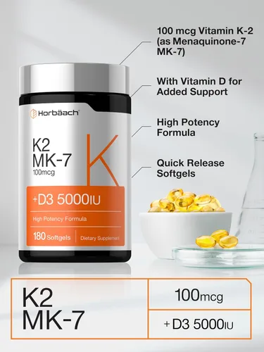 Miniatura 4 de Horbäach Vitamina D3 K2 5000 UI Complejo de 100 mcg MK-7 180 Cápsulas Blandas Suplemento sin OMG y sin gluten
