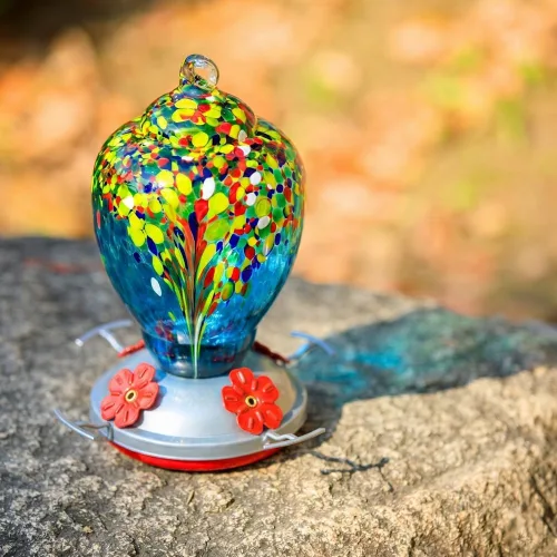 Miniatura 5 de WOSIBO Comedero para colibríes para exteriores, patio, grande, 32 onzas, comedero para colibríes de vidrio soplado a mano colorido con foso