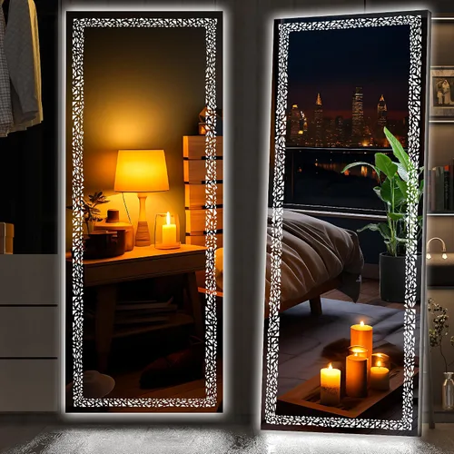 Miniatura 8 de Hasipu Espejo LED de Cuerpo Entero de 57" x 16" pulgadas, Espejo de Cuerpo Entero con Luces, Patrón de Flores de Póquer, Espejo de Pared