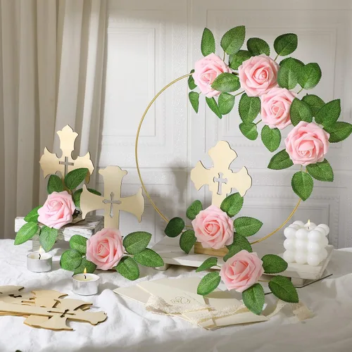 Miniatura 4 de LEIFIDE 40 piezas de decoración de primera comunión para bautismo, centros de mesa, decoración de la primera comunión con 8 anillos de aro florales