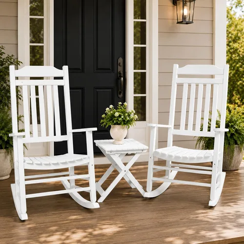 Miniatura 13 de Kozyard Mecedora de madera, silla mecedora de madera maciza para exteriores con respaldo alto y asiento de listones, mecedora ergonómica