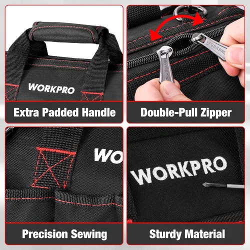 Miniatura 3 de WORKPRO Bolsa de herramientas de 14 pulgadas, organizador de herramientas con múltiples bolsillos con correa de hombro ajustable, W081021A, negro