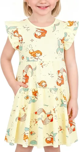Miniatura 14 de Vestido casual para niñas, de algodón suave, manga corta, transpirable, acampanado, para adolescentes, talla 2T, 3T, 4T, 5, 6, 7, 8, 9, 10, 12, 13