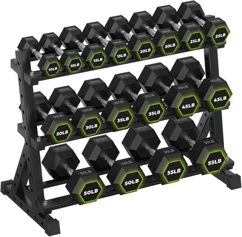 Miniatura 16 de HANDBODE Soporte para mancuernas de 3 niveles, estante de almacenamiento de capacidad de 1000 libras, estante de pesas para mancuernas, pesas rusas