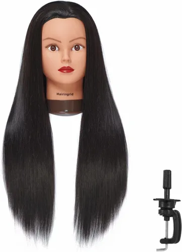 Miniatura 14 de Hairingrid Cabeza de maniquí de 26 a 28 pulgadas, para entrenamiento de peinado, cosmetología, cabeza de muñeca, pelo de fibra sintética y soporte