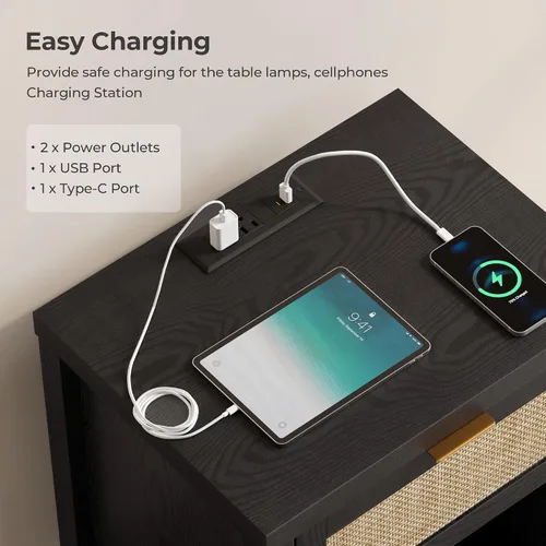 Miniatura 4 de SICOTAS Juego de 2 mesitas de noche negras con estación de carga, mesita de noche de ratán con cajón, moderna mesita de noche con puertos USB y tipo
