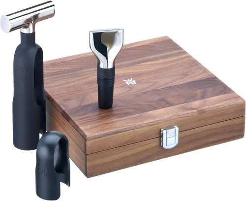 WMF Baric - Juego de sacacorchos de vino de 3 piezas, accesorios para vino, cortador de aluminio, tapón de botella, en caja de madera de nogal,