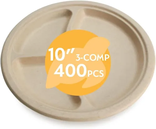 Platos de papel desechables 100 % compostables a granel [10 pulgadas, 3 comp 400 paquetes], platos de bambú, ecológicos, biodegradables, resistentes