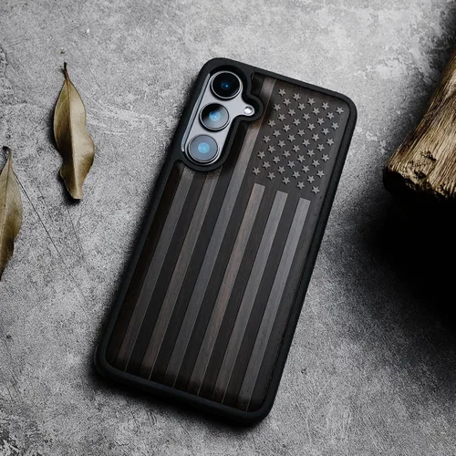 Miniatura 4 de Carveit Funda de madera para Galaxy S24 - Madera natural y TPU negro suave, cubierta protectora a prueba de golpes, diseño de madera único Bandera