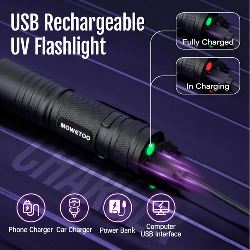 Miniatura 4 de Linterna UV de luz negra recargable, 395nm Mini lámpara de luz negra con zoom Woods, linternas ultravioleta USB portátiles pero potentes