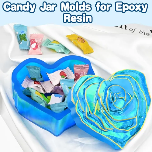 Miniatura 5 de Moldes de resina para frascos, moldes de tarro de corazón con tapa, molde de silicona de flor de rosa de amor para fundición de resina epoxi, caja
