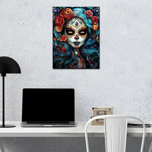 Miniatura 3 de Pintura de diamantes de calavera de azúcar 5D, kit de numeración de maquillaje de esqueleto de moda, arte de pared de rosa roja, arte de pared