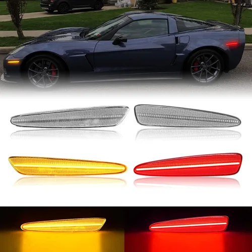 R&F Auto 4 luces LED de posición laterales compatibles con Corvette C6 (2005-2013)/Z06/ZR1/Grand Sport/Z06 carbón ámbar rojo LED sidemarker lámparas
