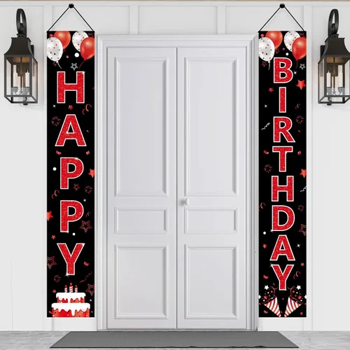 Cartel de cumpleaños rojo y negro para puerta de cumpleaños para hombres y mujeres, letrero de feliz cumpleaños rojo y negro, suministros de fiesta,