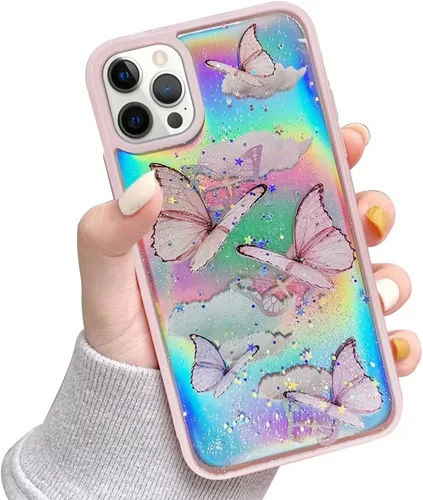 LCHULLE Funda Femenina Compatible con iPhone 13 Pro Max Funda Bonita con Diseño de Mariposa Iridiscente Láser Brillante con Purpurina y Estrellas