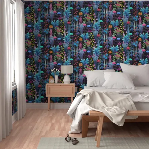 Miniatura 5 de Muestro de papel tapiz extraíble - Bioluminiscente Selva Floral Árboles Fantástico Helecho Papel pintado personalizado pre-pegado por Spoonflower