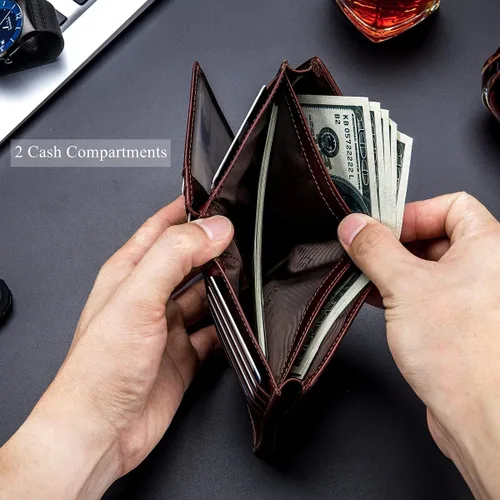 Miniatura 5 de BULLCAPTAIN Cartera plegable de cuero genuino de gran capacidadtitular de la tarjeta de crédito para los hombres con 15 ranuras para tarjetas QB-027