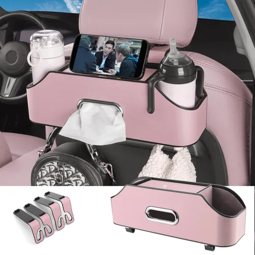 Miniatura 10 de HOLDCY Organizador de asiento trasero de automóvil con 2 portavasos para bebidas, caja de pañuelos y gancho para caja de almacenamiento, Beige