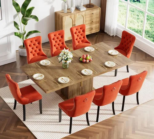 Miniatura 13 de Juego de mesa de comedor extensible de 5 piezas, juego de mesa de comedor extensible de estilo granja para 4, mesa de cocina expandible de madera
